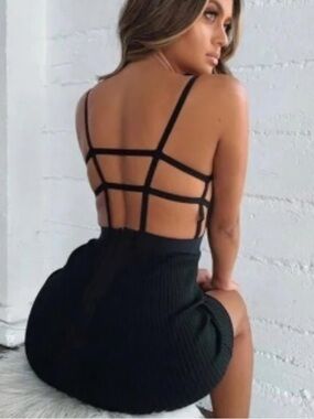 TIGER MIST Classic Black Ribbed Mini Dress with Strappy Sides and Back Medium